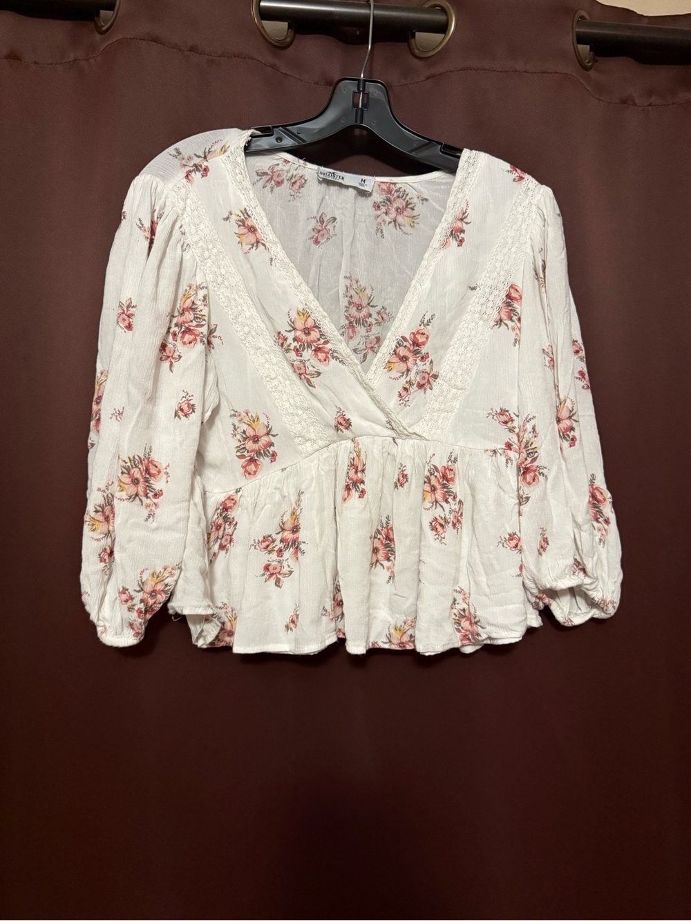 Hollister Cream Floral Wrap Peasant Blouse with Pink Flowers